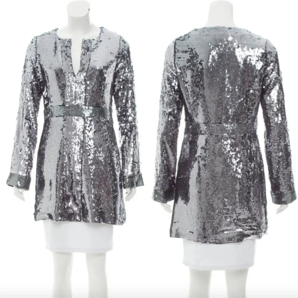 Tory Burch silver sequin silk Auriela long sleeve disco party cocktail dress